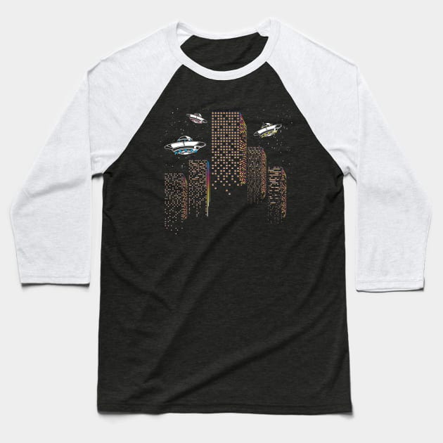 UFO Attack City Skyline Baseball T-Shirt by machmigo